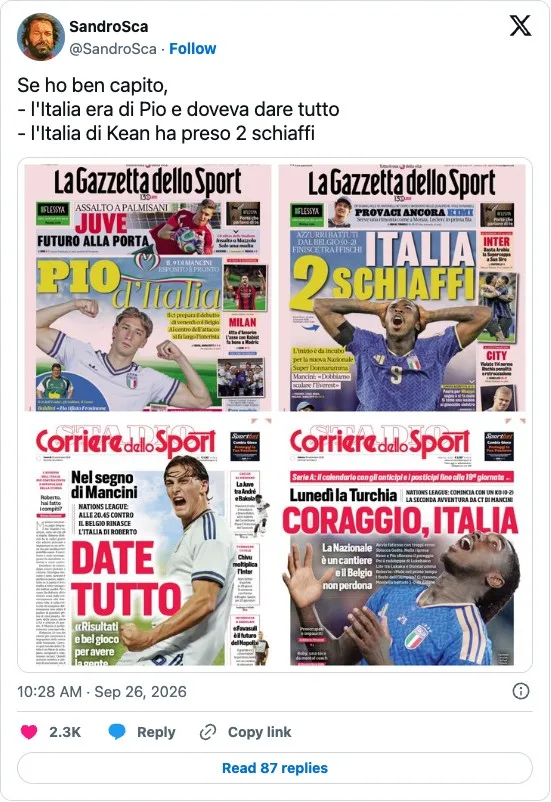 Post on X by @SandroSca on 26 September 2026 comparing Gazzetta dello Sport and Corriere dello Sport covers before and after Italy v Belgium