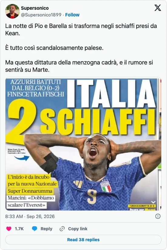 Post on X by @Supersonico1899 on 26 September 2026 about the Gazzetta dello Sport cover "Italia 2 schiaffi" with Moise Kean